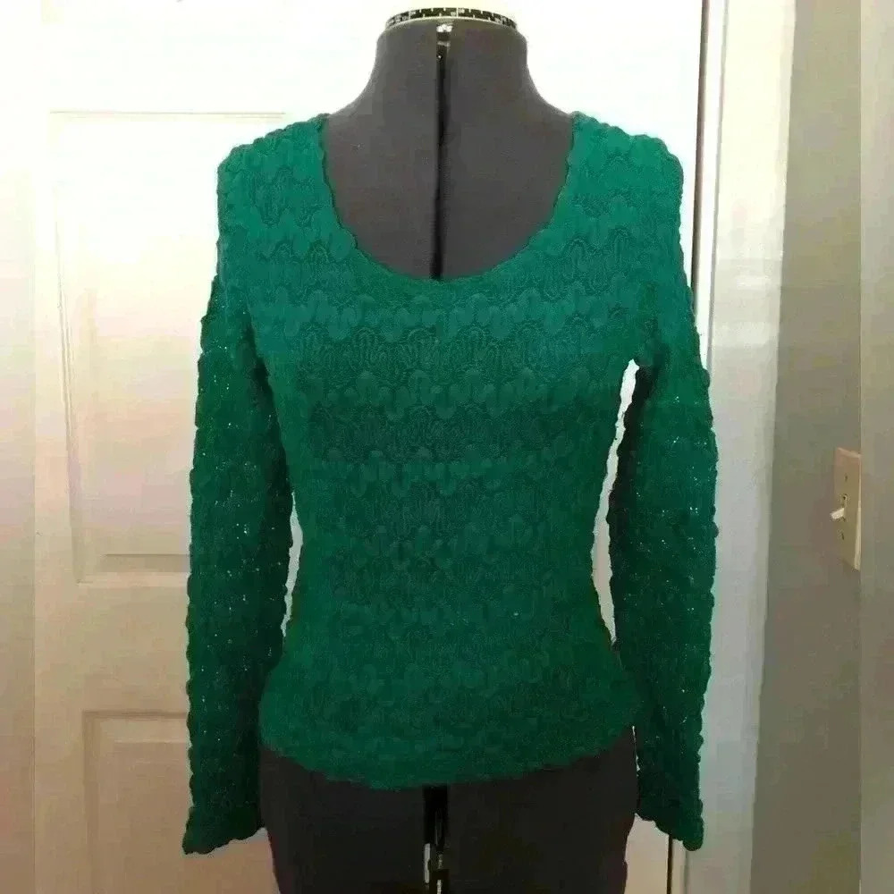 VTG BONJOUR KNIT TEAL LONG SLEEVE ROUND NECK TOP MEDIUM
